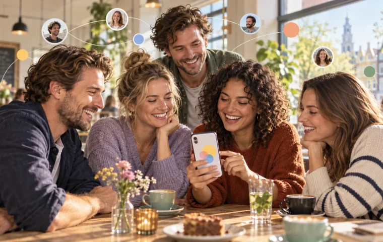 Conceptuele illustratie van vrienden aan een cafétafel met een onbenoemde telefoon en getekende verbindingen tussen mensen