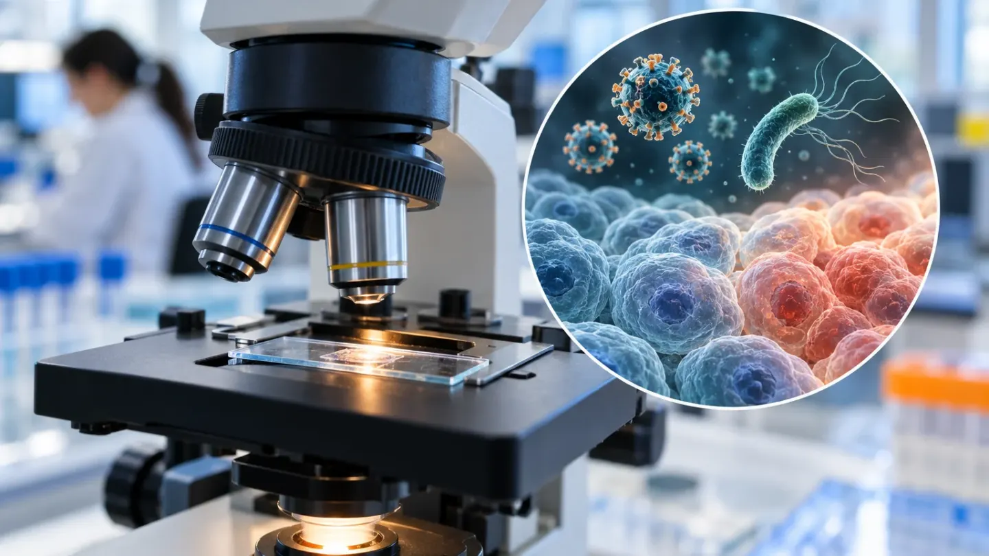 Conceptuele laboratoriumscène waarin onderzoekers virussen en bacteriën bestuderen die met kanker in verband staan