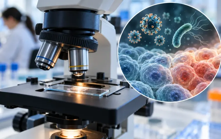 Conceptuele laboratoriumscène waarin onderzoekers virussen en bacteriën bestuderen die met kanker in verband staan