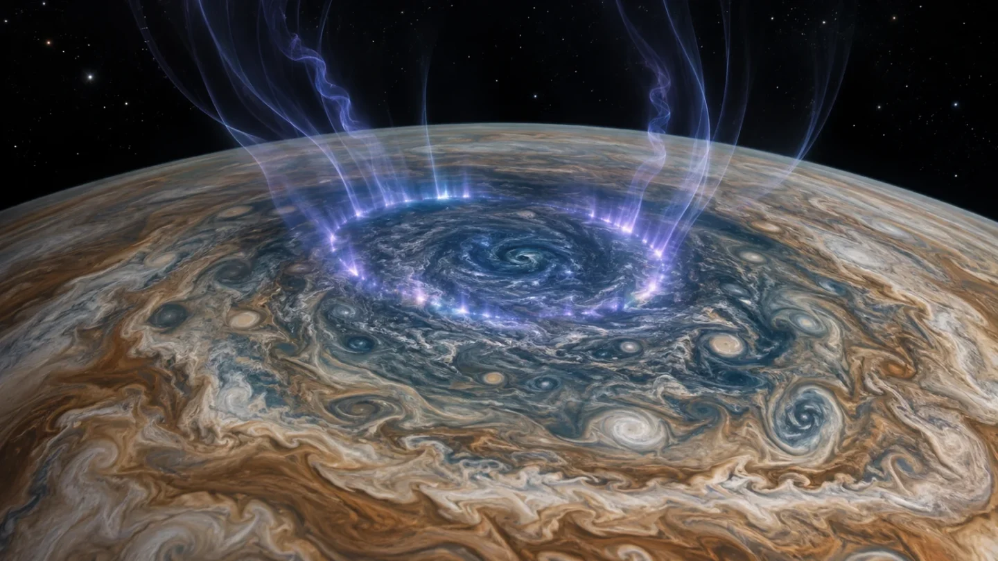 Redactionele ruimteillustratie van Jupiter met poollicht en magnetische plasmagolven boven de noordpool