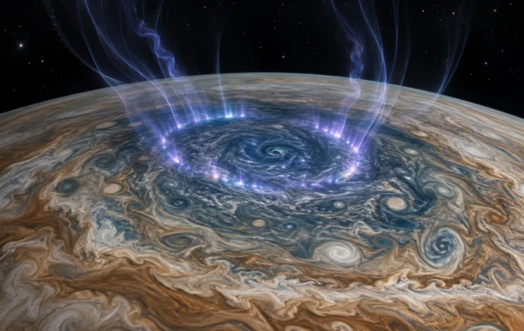 Redactionele ruimteillustratie van Jupiter met poollicht en magnetische plasmagolven boven de noordpool