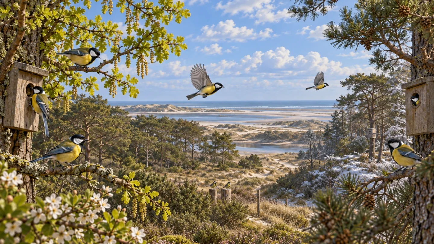 Redactionele illustratie van koolmezen die tussen twee nestkastgebieden in een duinbos op Vlieland bewegen