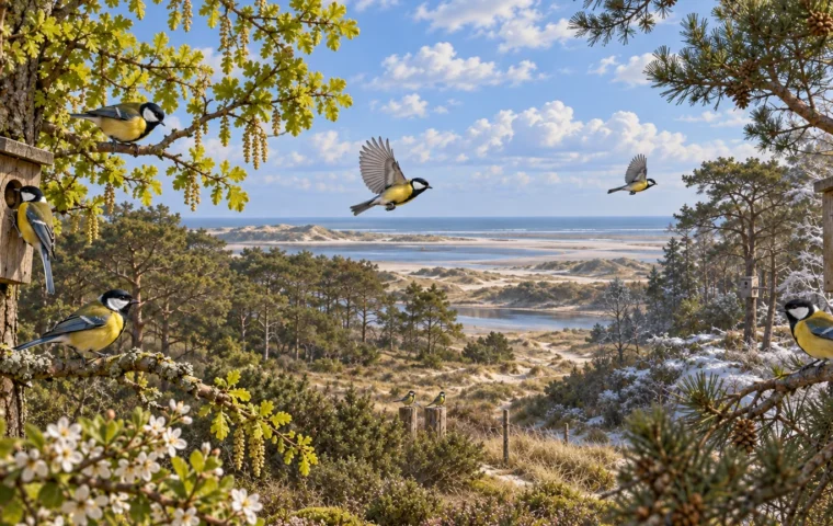 Redactionele illustratie van koolmezen die tussen twee nestkastgebieden in een duinbos op Vlieland bewegen