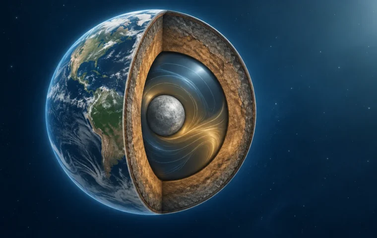 Conceptuele doorsnede van de aarde met mantel, vloeibare buitenkern en vaste binnenkern