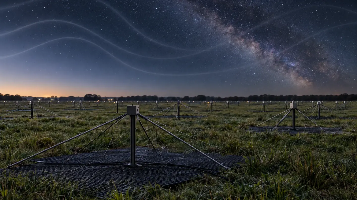 Conceptuele nachtweergave van een veld met LOFAR-laagbandantennes onder de sterrenhemel