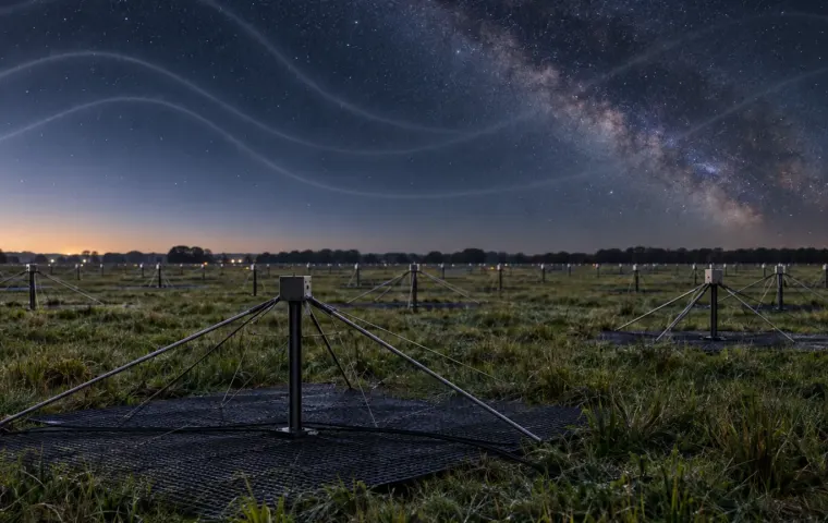 Conceptuele nachtweergave van een veld met LOFAR-laagbandantennes onder de sterrenhemel