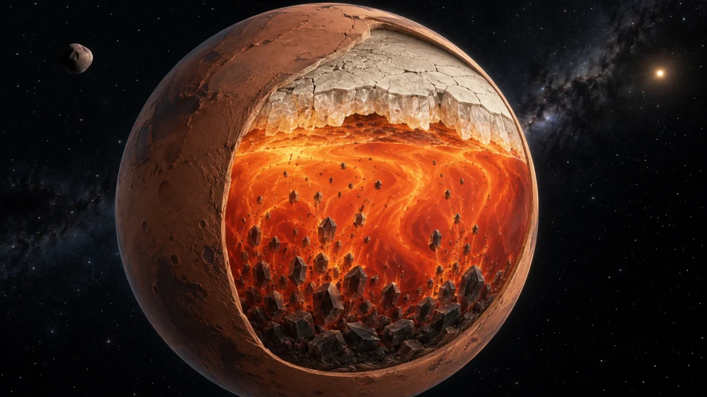 Doorsnede-illustratie van de jonge Mars met een afkoelende magmaoceaan en een lichte drijvende korst