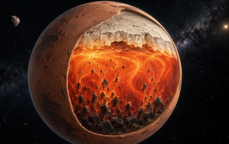 Doorsnede-illustratie van de jonge Mars met een afkoelende magmaoceaan en een lichte drijvende korst