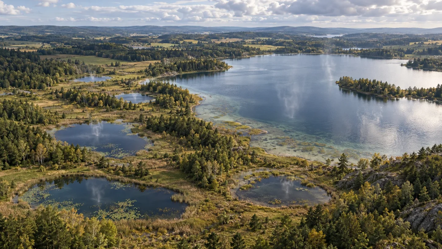 Redactionele luchtbeeldillustratie van kleine meren in een landschap met subtiele gasuitwisseling boven het water