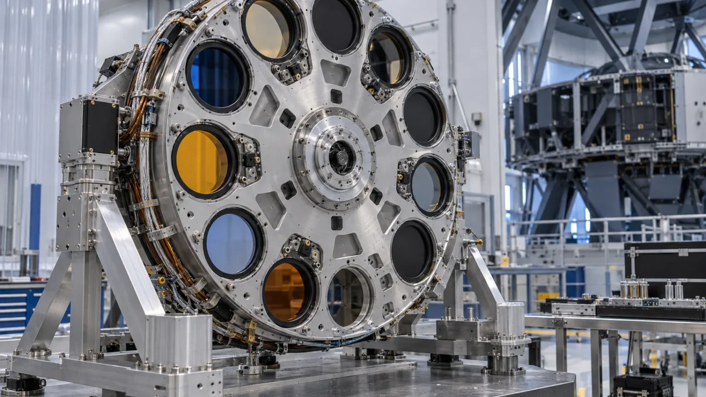Technische redactionele illustratie van een groot metalen filterwielmechanisme voor het toekomstige MICADO-instrument
