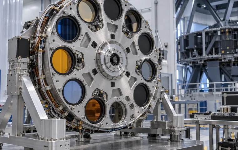 Technische redactionele illustratie van een groot metalen filterwielmechanisme voor het toekomstige MICADO-instrument