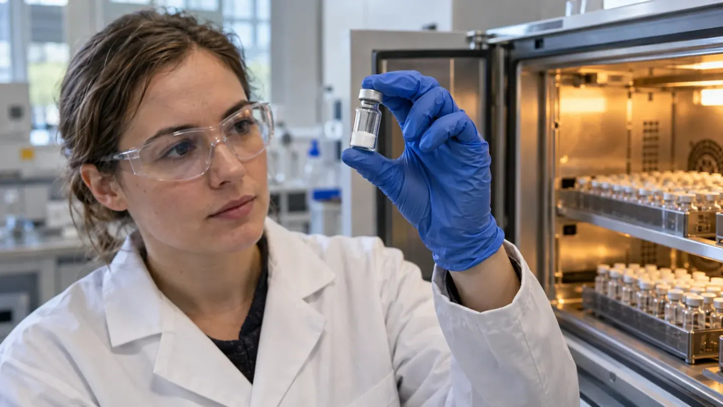 Laboratoriummedewerker bekijkt een afgesloten proefmonster met droog poeder naast een verwarmde stabiliteitskast met monsters