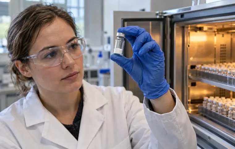 Laboratoriummedewerker bekijkt een afgesloten proefmonster met droog poeder naast een verwarmde stabiliteitskast met monsters