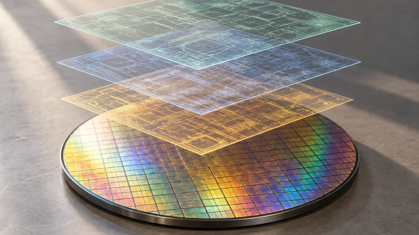 Conceptuele illustratie van een siliciumwafer met transparante lagen van een mogelijk chipontwerp erboven