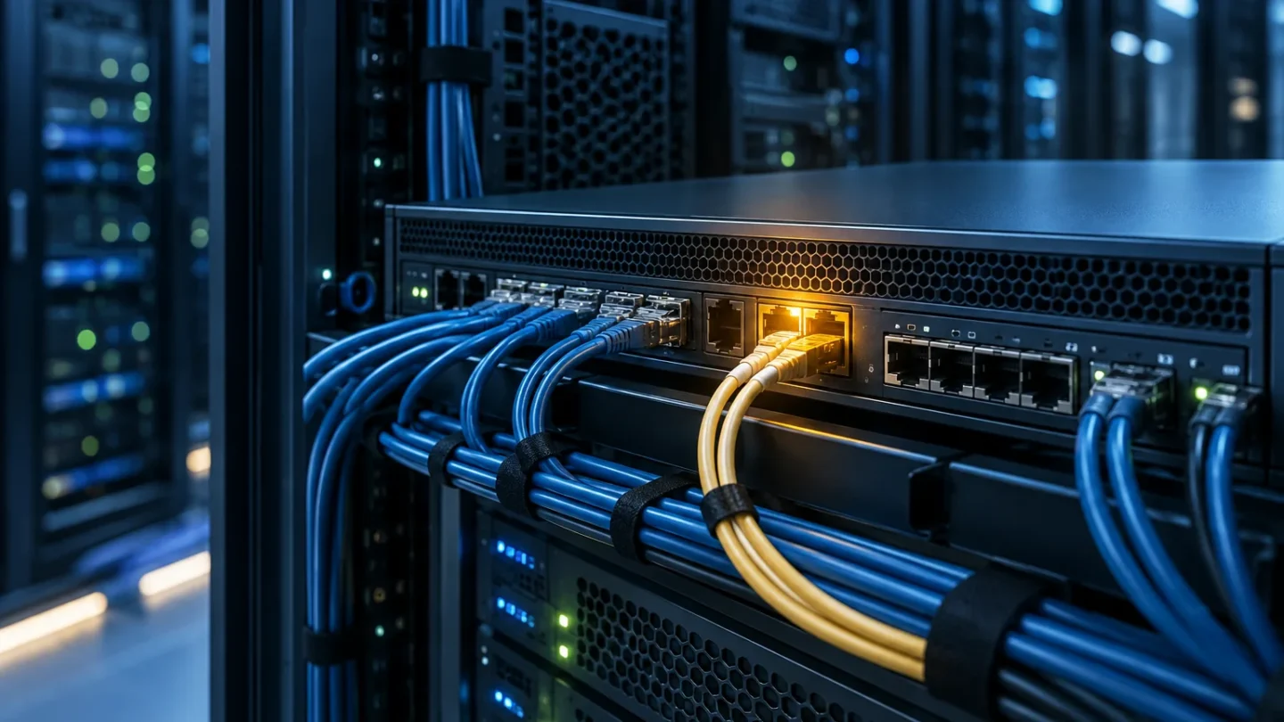 Conceptuele illustratie van een onbenoemde netwerkgateway in een serverruimte met één amberkleurig gemarkeerde aansluiting