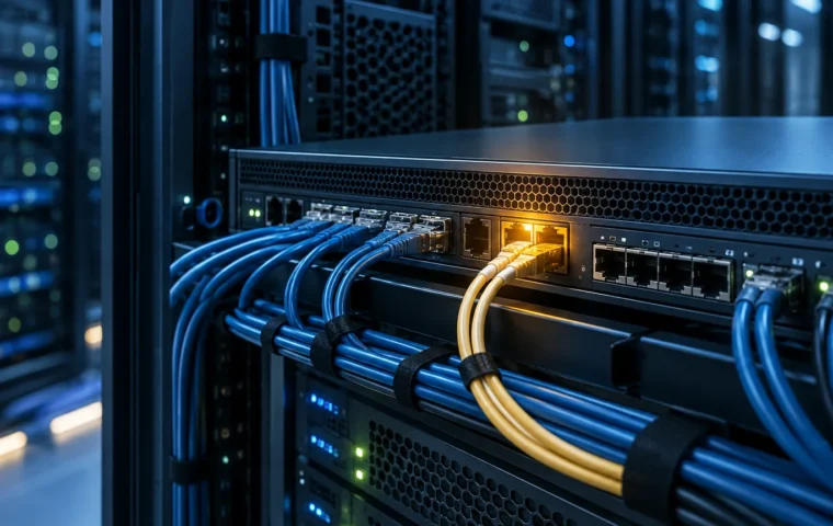 Conceptuele illustratie van een onbenoemde netwerkgateway in een serverruimte met één amberkleurig gemarkeerde aansluiting