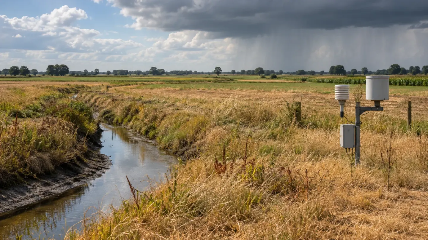 Droog Nederlands landbouwlandschap met geel gras, een lage sloot en een weermeetstation onder wisselende bewolking