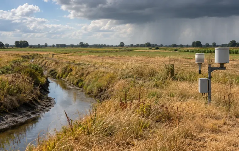 Droog Nederlands landbouwlandschap met geel gras, een lage sloot en een weermeetstation onder wisselende bewolking