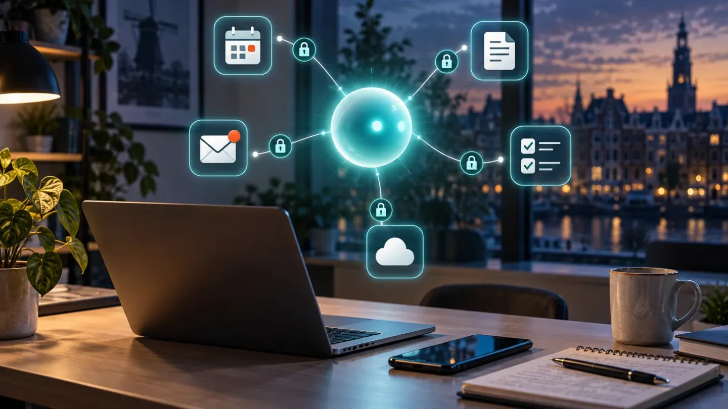 Conceptuele illustratie van een AI-agent die vanuit een Nederlandse werkplek met goedgekeurde apps verbonden is