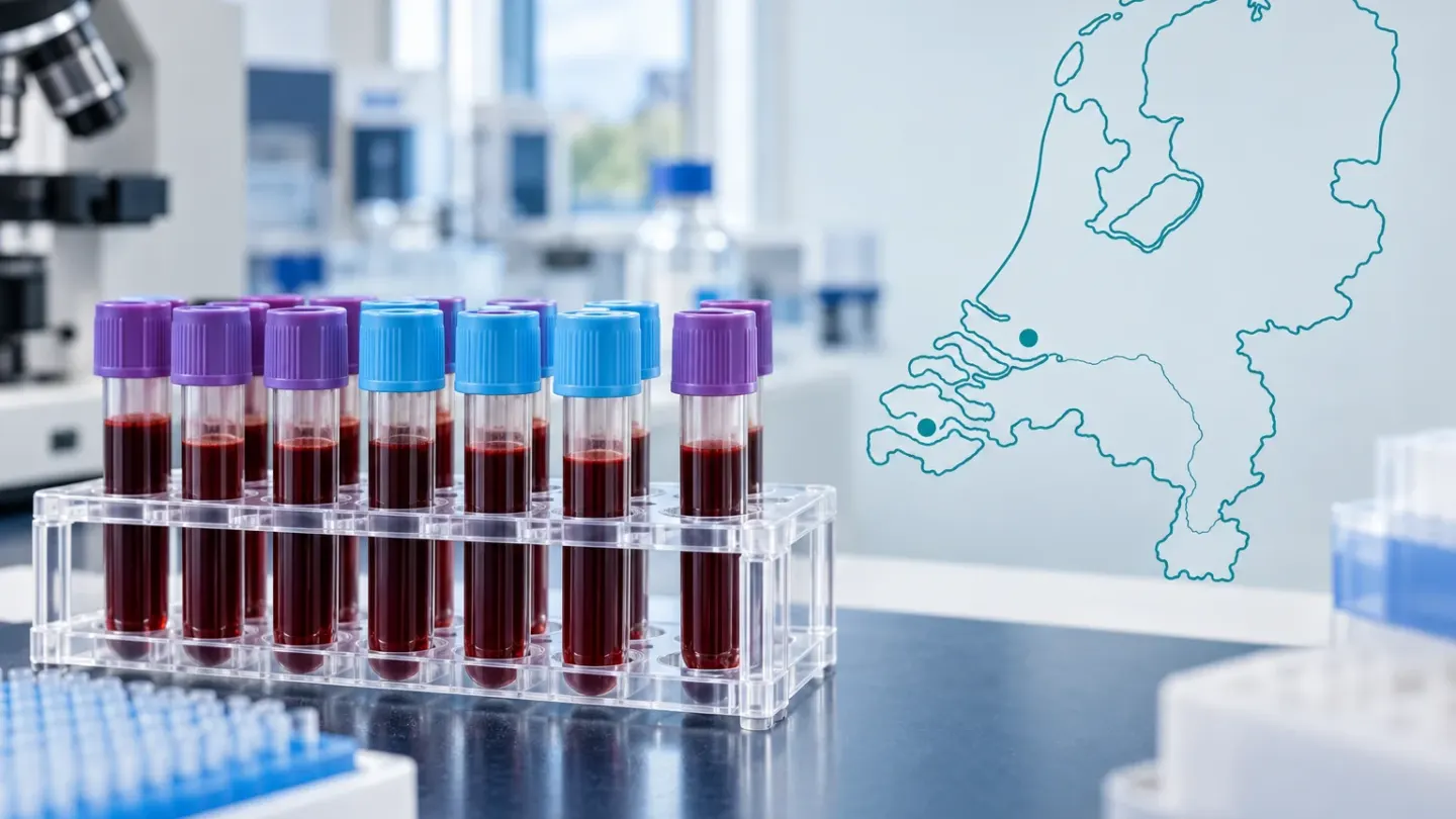 Redactionele illustratie van bloedbuizen in een laboratorium naast een kaartomtrek van Nederland met markeringen bij Dordrecht en de Westerschelde