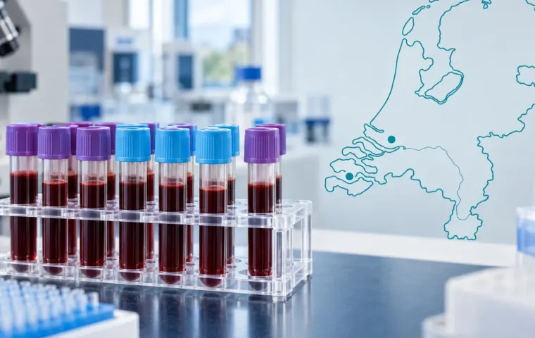 Redactionele illustratie van bloedbuizen in een laboratorium naast een kaartomtrek van Nederland met markeringen bij Dordrecht en de Westerschelde