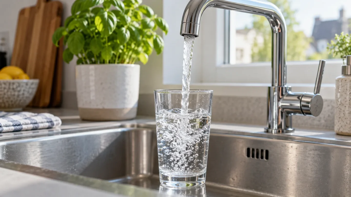 AI-illustratie van een glas dat met helder kraanwater wordt gevuld in een keuken; PFAS is niet zichtbaar