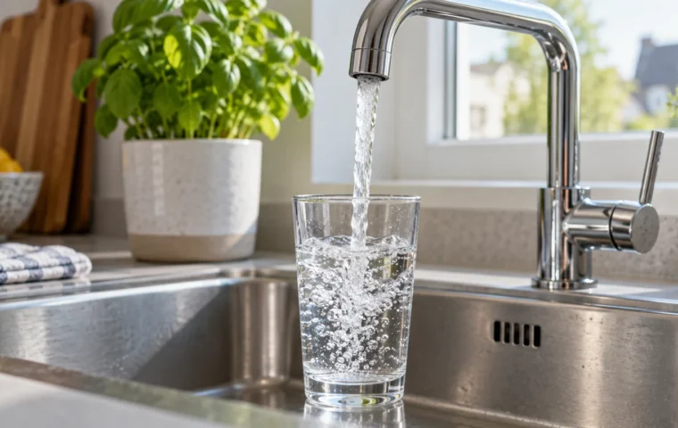 AI-illustratie van een glas dat met helder kraanwater wordt gevuld in een keuken; PFAS is niet zichtbaar