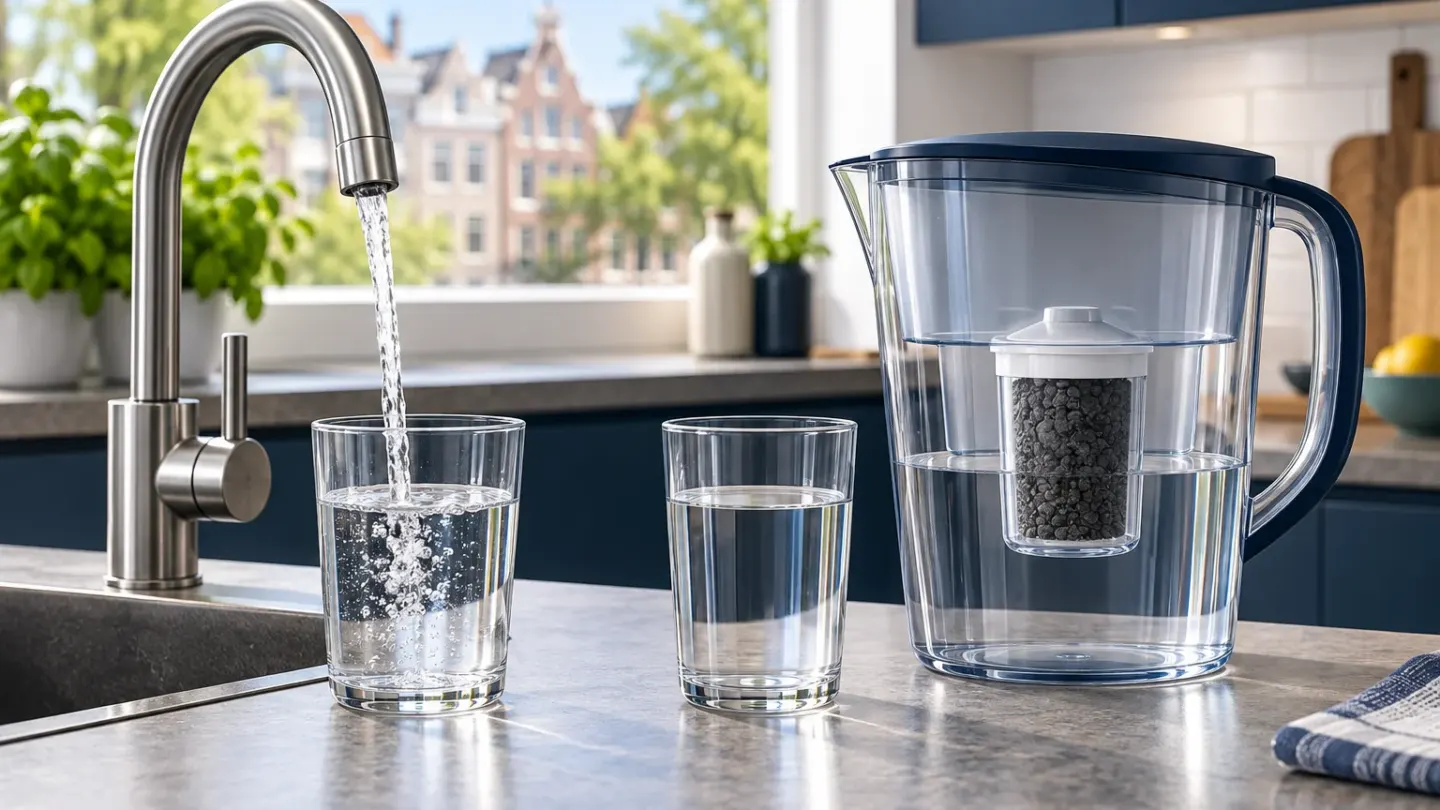 Conceptuele illustratie van Nederlands kraanwater naast een transparante filterkan met een zichtbaar koolstoffilter