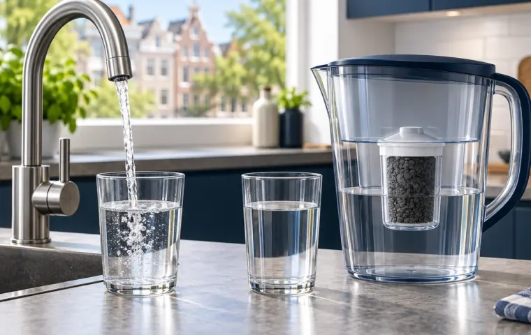Conceptuele illustratie van Nederlands kraanwater naast een transparante filterkan met een zichtbaar koolstoffilter