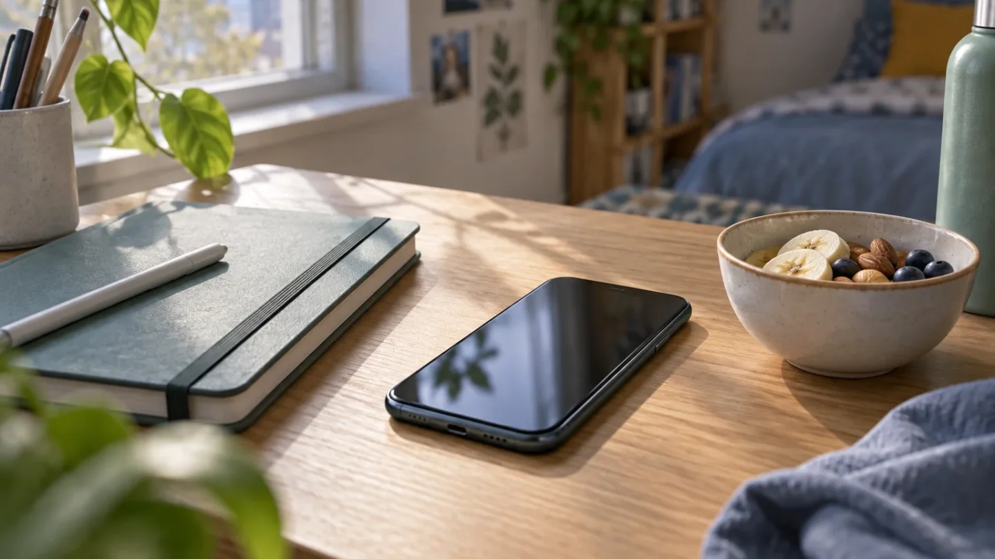 Conceptuele illustratie van een smartphone, schrift en kom met eten op een tafel, zonder afgebeelde onderzoekspersonen