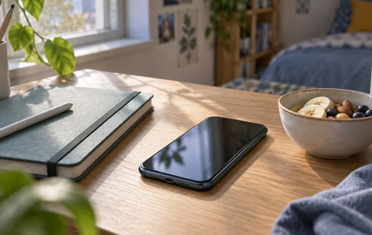 Conceptuele illustratie van een smartphone, schrift en kom met eten op een tafel, zonder afgebeelde onderzoekspersonen