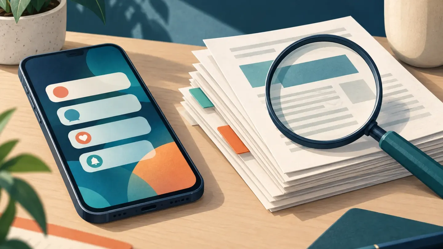Conceptuele illustratie van een smartphone naast onderzoeksdocumenten die onder een vergrootglas liggen