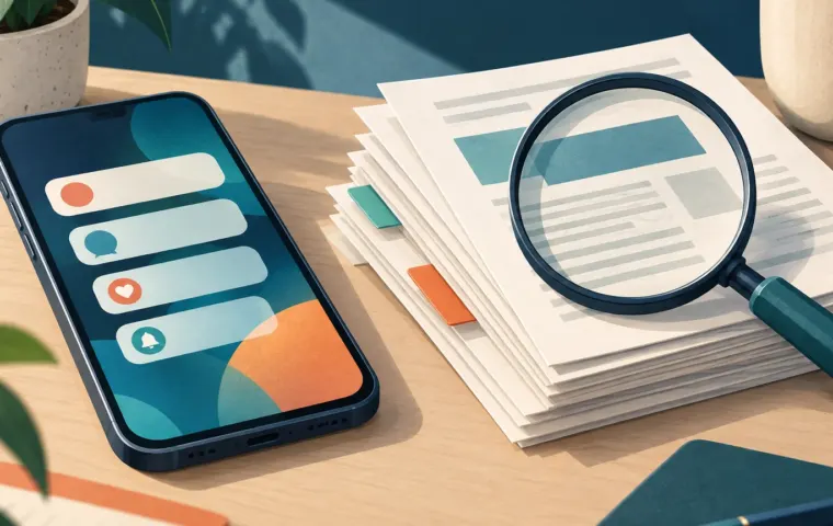Conceptuele illustratie van een smartphone naast onderzoeksdocumenten die onder een vergrootglas liggen