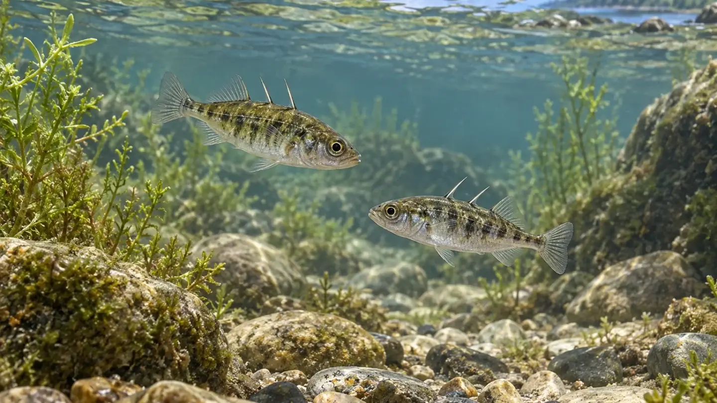 Conceptuele illustratie van twee kleine stekelbaarzen in een ondiepe poel met stenen en waterplanten