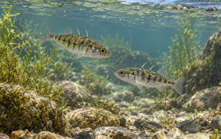 Conceptuele illustratie van twee kleine stekelbaarzen in een ondiepe poel met stenen en waterplanten