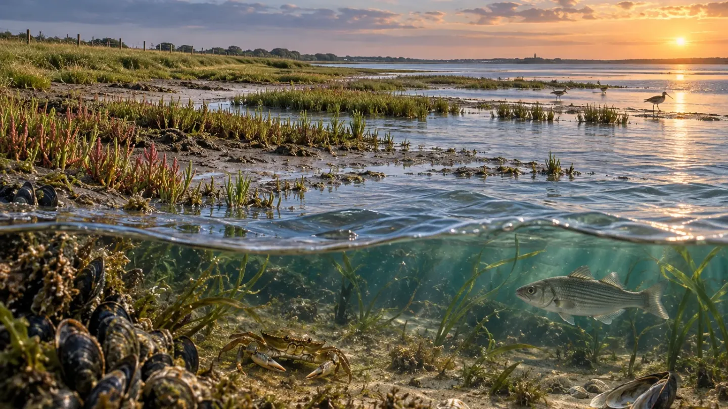 Doorsnede van een kustestuarium met stijgend zeewater en verschillende zeedieren in nieuw ondiep leefgebied