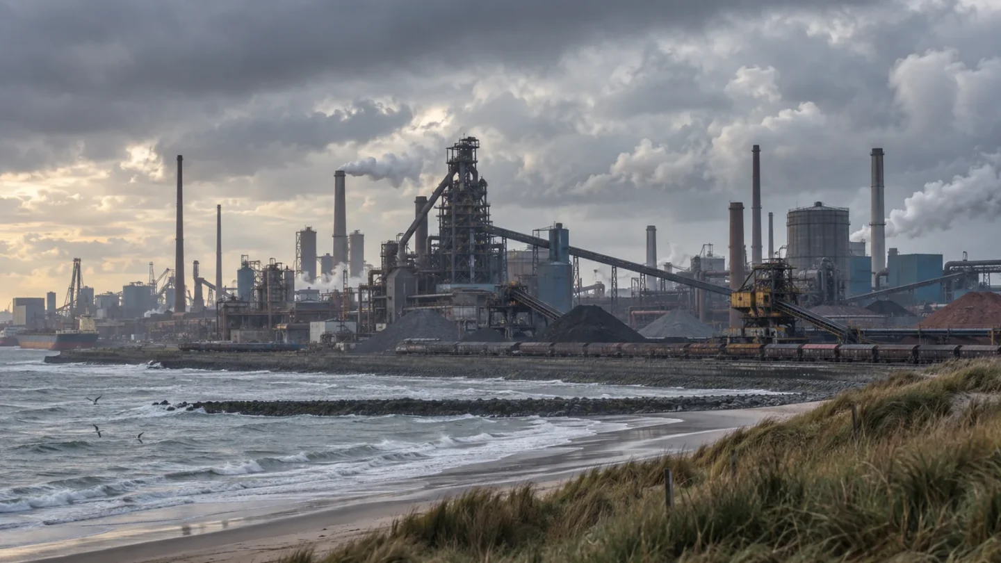 Conceptuele illustratie van een staalfabriek aan de Nederlandse kust onder bewolkte lucht, zonder voorstelling van een al gerealiseerde schonere fabriek