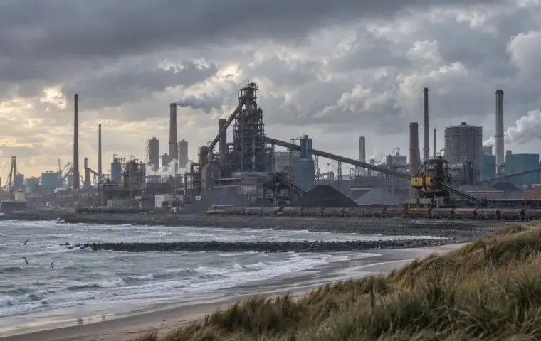 Conceptuele illustratie van een staalfabriek aan de Nederlandse kust onder bewolkte lucht, zonder voorstelling van een al gerealiseerde schonere fabriek