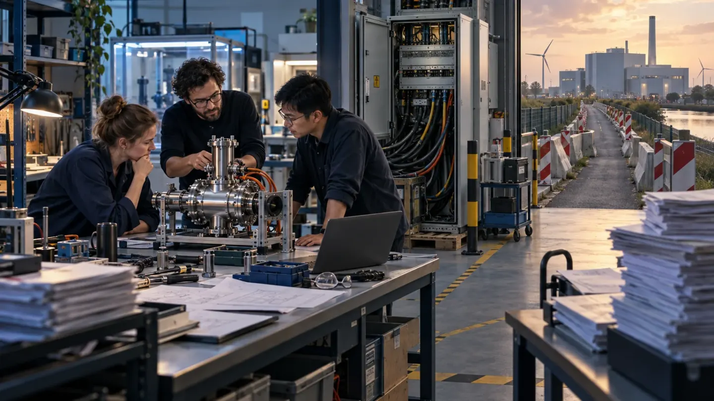 Een team werkt in een Nederlands hightechlab aan een prototype, met kabels, apparatuur en documenten die groeiknelpunten verbeelden