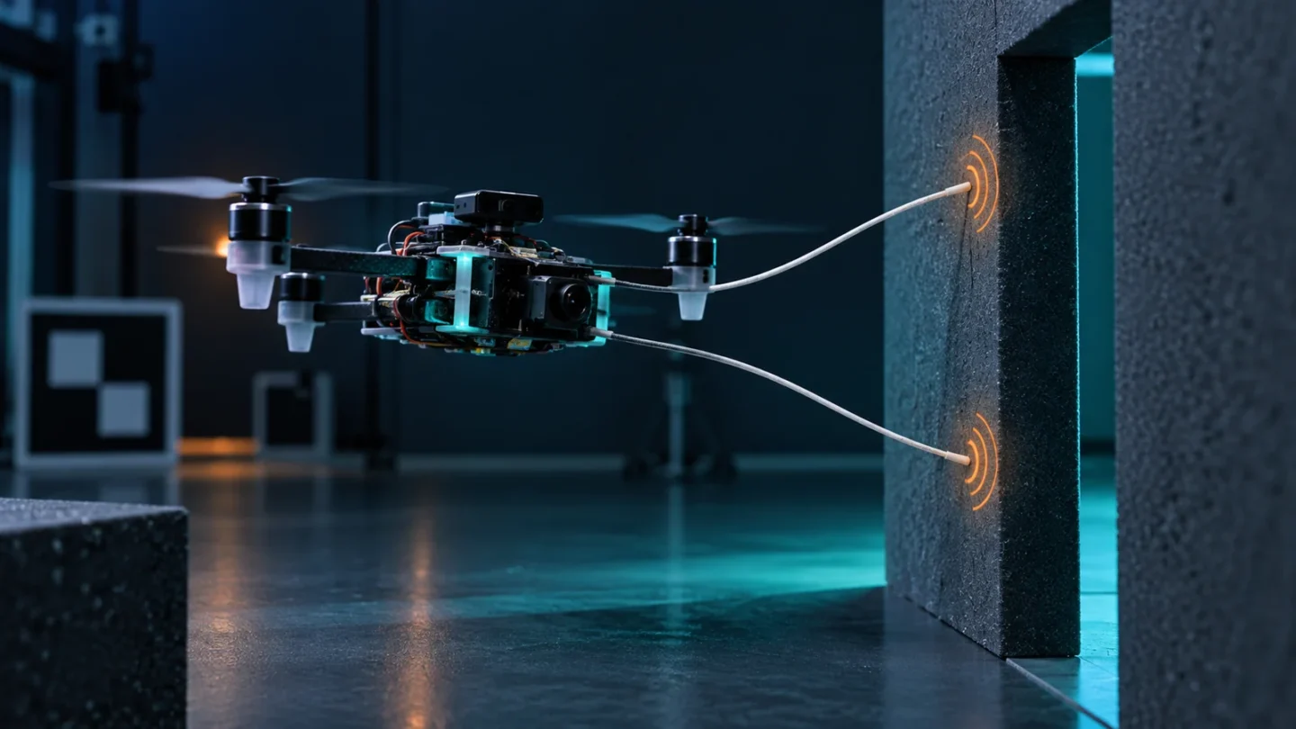 Conceptuele illustratie van een kleine onderzoeksdrone die met twee kunstsnorharen een muur voelt