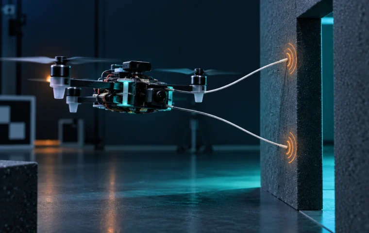 Conceptuele illustratie van een kleine onderzoeksdrone die met twee kunstsnorharen een muur voelt
