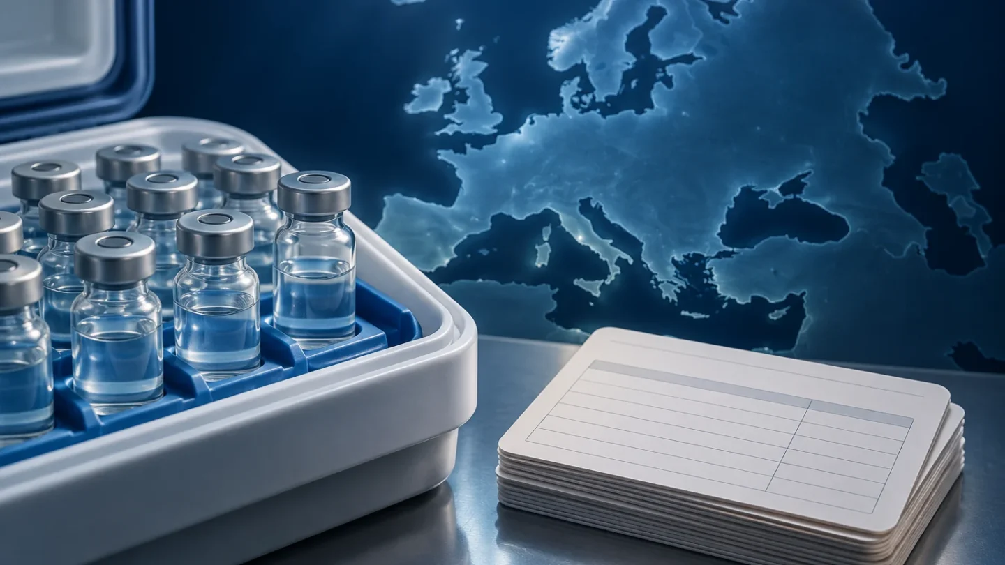 Redactionele illustratie van vaccinflacons, anonieme registraties en een Europese kaart als symbool voor vaccinatiegraadmonitoring