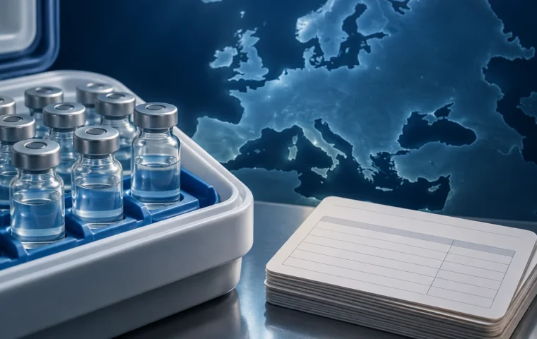 Redactionele illustratie van vaccinflacons, anonieme registraties en een Europese kaart als symbool voor vaccinatiegraadmonitoring