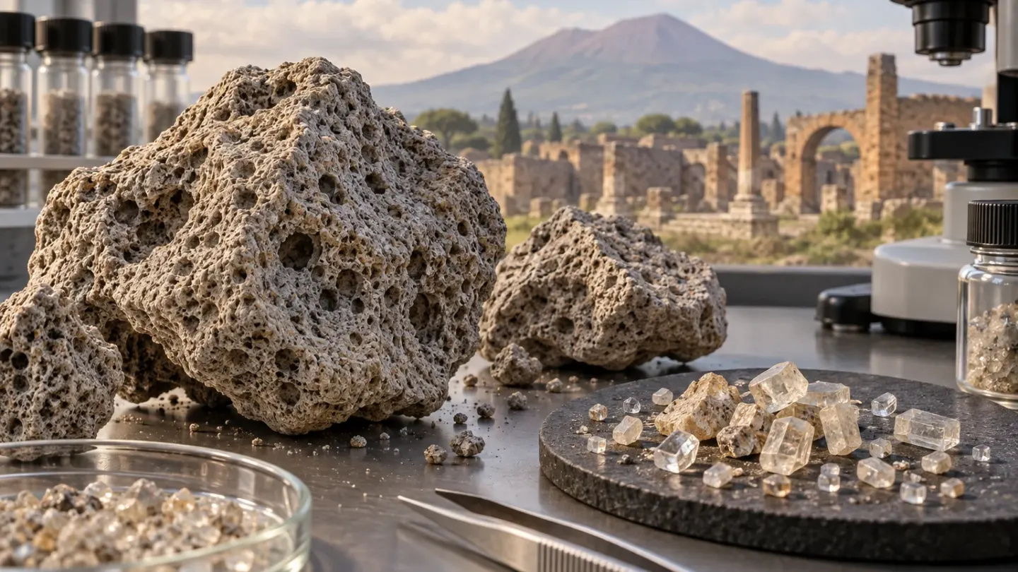 Conceptuele illustratie van poreuze vulkanische puimsteen en mineraalkorrels bij een laboratoriumopstelling, met de Vesuvius op de achtergrond
