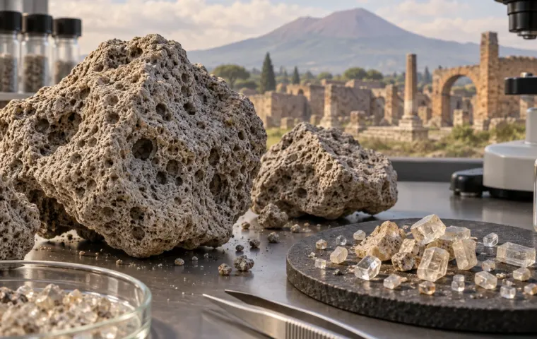 Conceptuele illustratie van poreuze vulkanische puimsteen en mineraalkorrels bij een laboratoriumopstelling, met de Vesuvius op de achtergrond