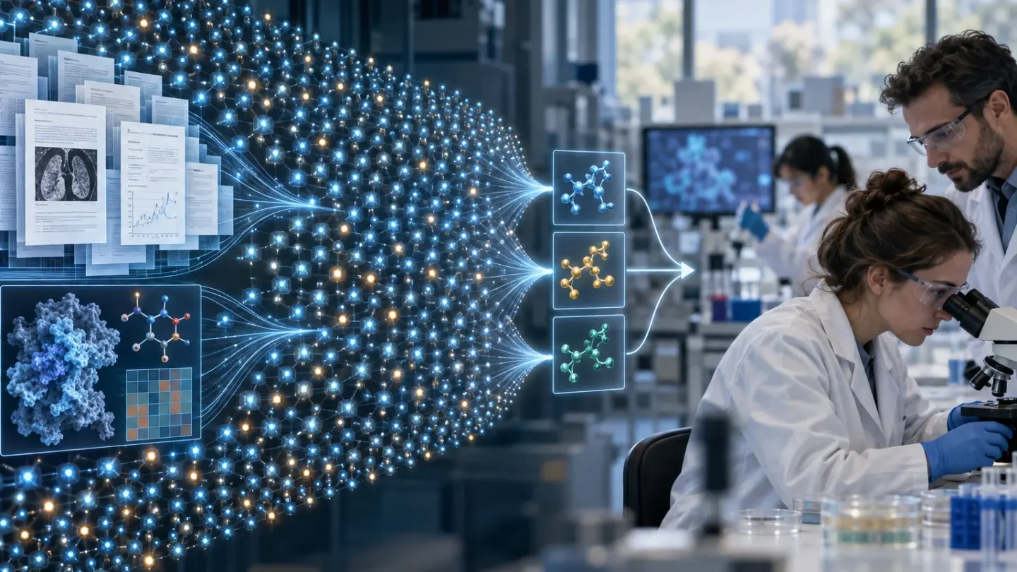 Redactionele illustratie van duizenden digitale AI-agenten die onderzoeksgegevens filteren tot kandidaat-moleculen die wetenschappers in een echt laboratorium controleren