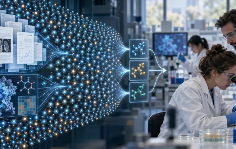 Redactionele illustratie van duizenden digitale AI-agenten die onderzoeksgegevens filteren tot kandidaat-moleculen die wetenschappers in een echt laboratorium controleren
