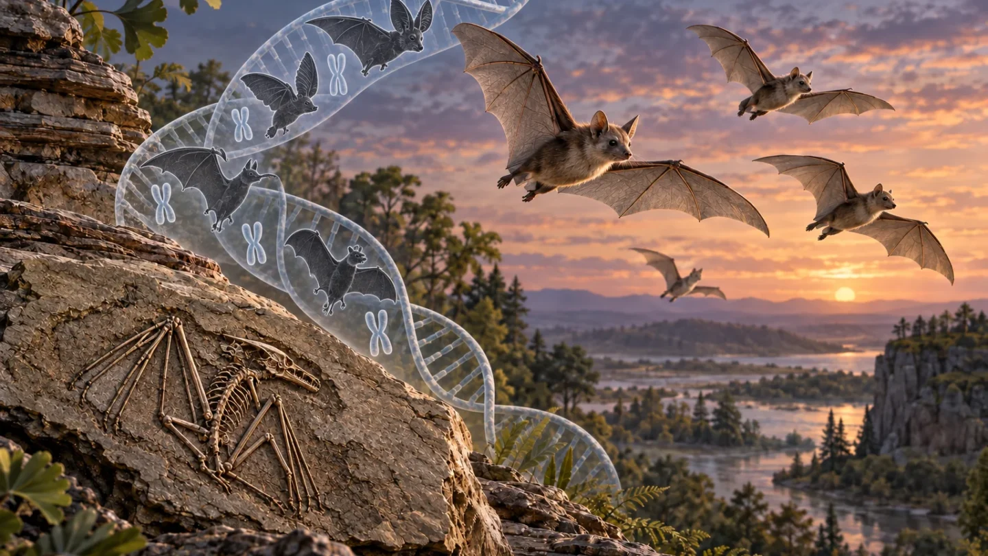 Conceptuele illustratie van vliegende vleermuizen, een fossiel en DNA als symbolen voor onderzoek naar hun oorsprong