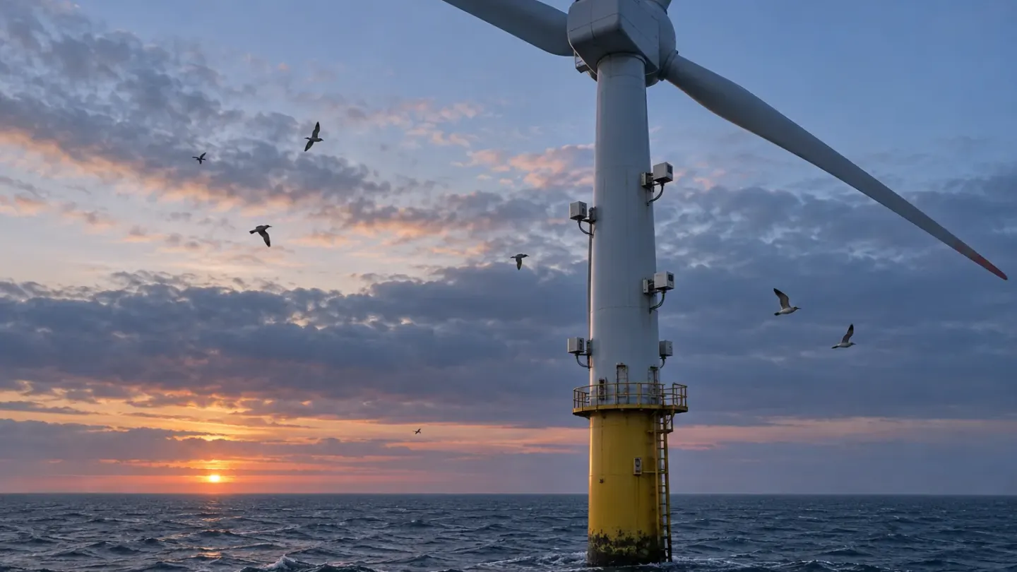 Conceptuele weergave van vogels en camerabehuizingen rond één offshore windturbine bij avondlicht