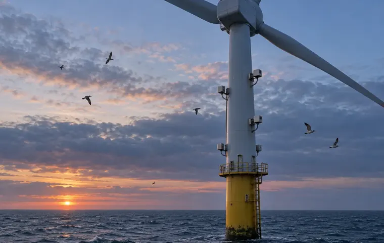 Conceptuele weergave van vogels en camerabehuizingen rond één offshore windturbine bij avondlicht